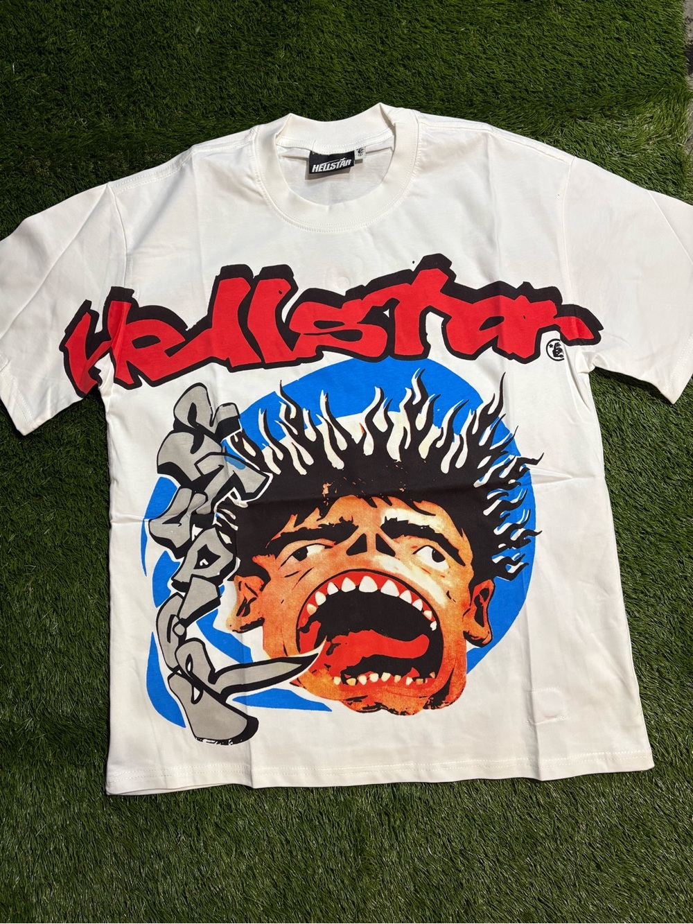 Hellstar White Graphic Short Sleeve Tee with Red & Blue Print
